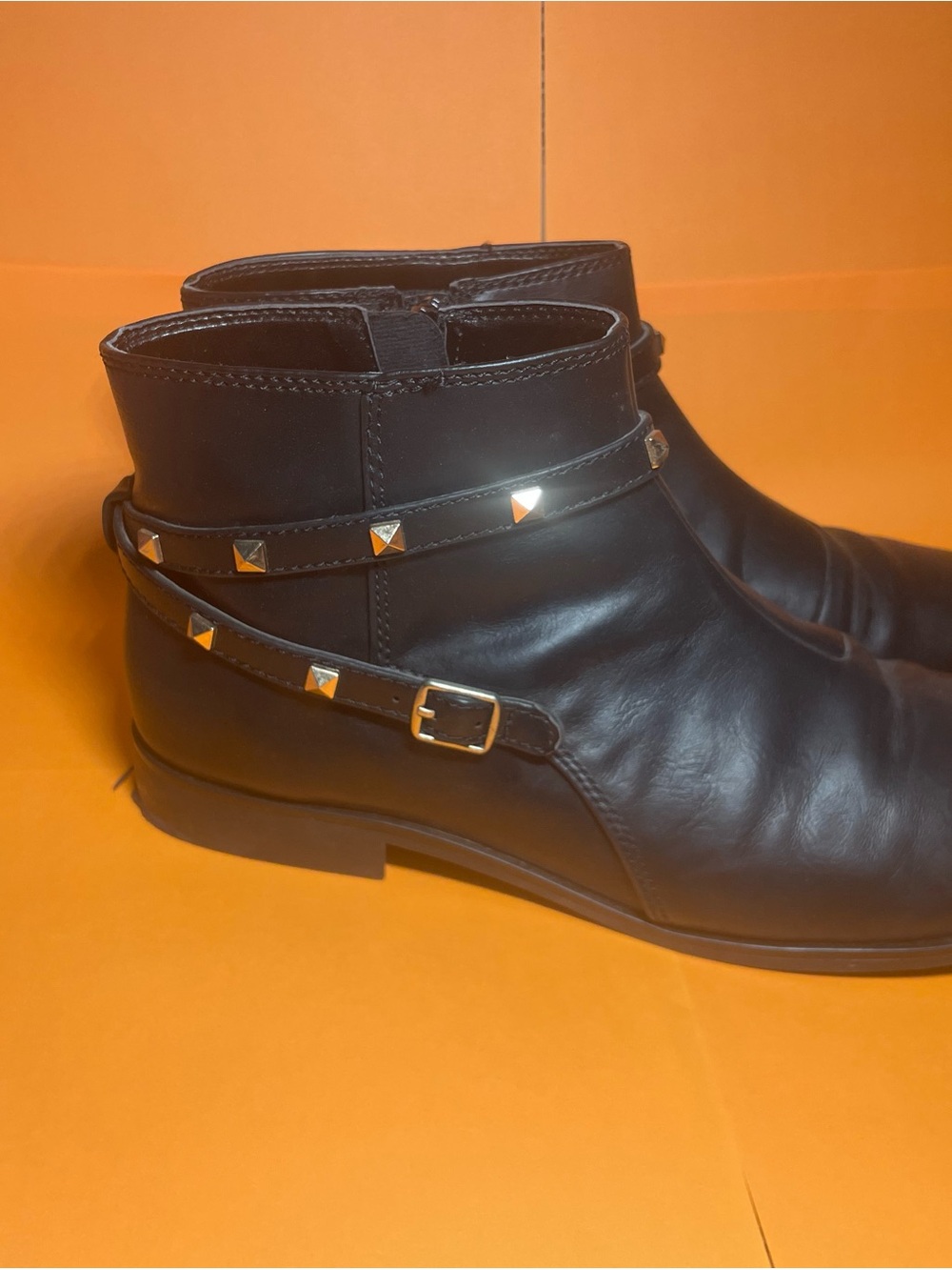 Place Black Leather Ankle Booties with Gold Pyramid Stud Strap